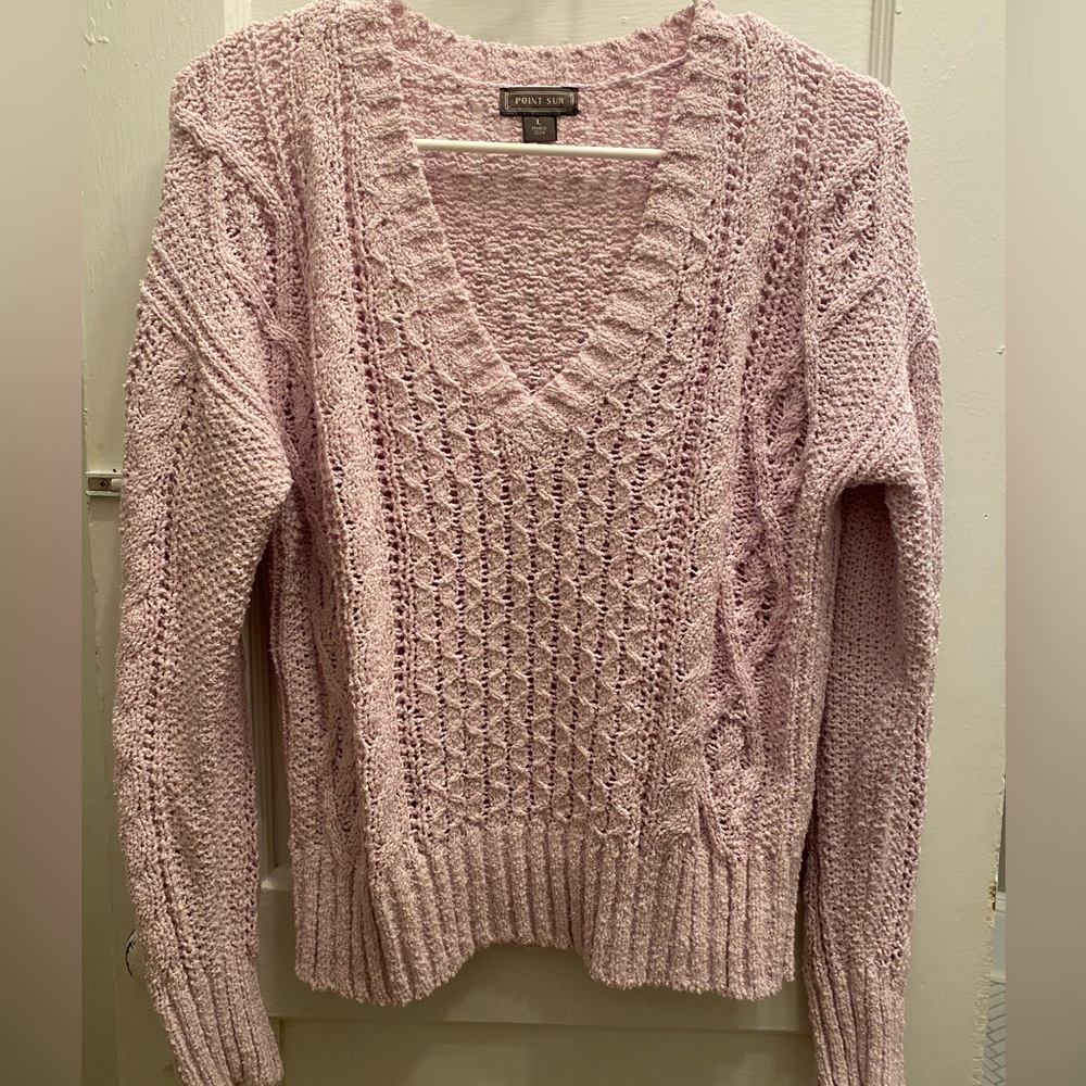 Lilac Cable Knot V Neck Sweater